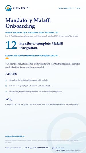 Genesis summary card: Mandatory Malaffi onboarding for TCAM centres