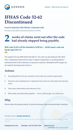 Genesis summary card: IFHAS service code 52-62 discontinued